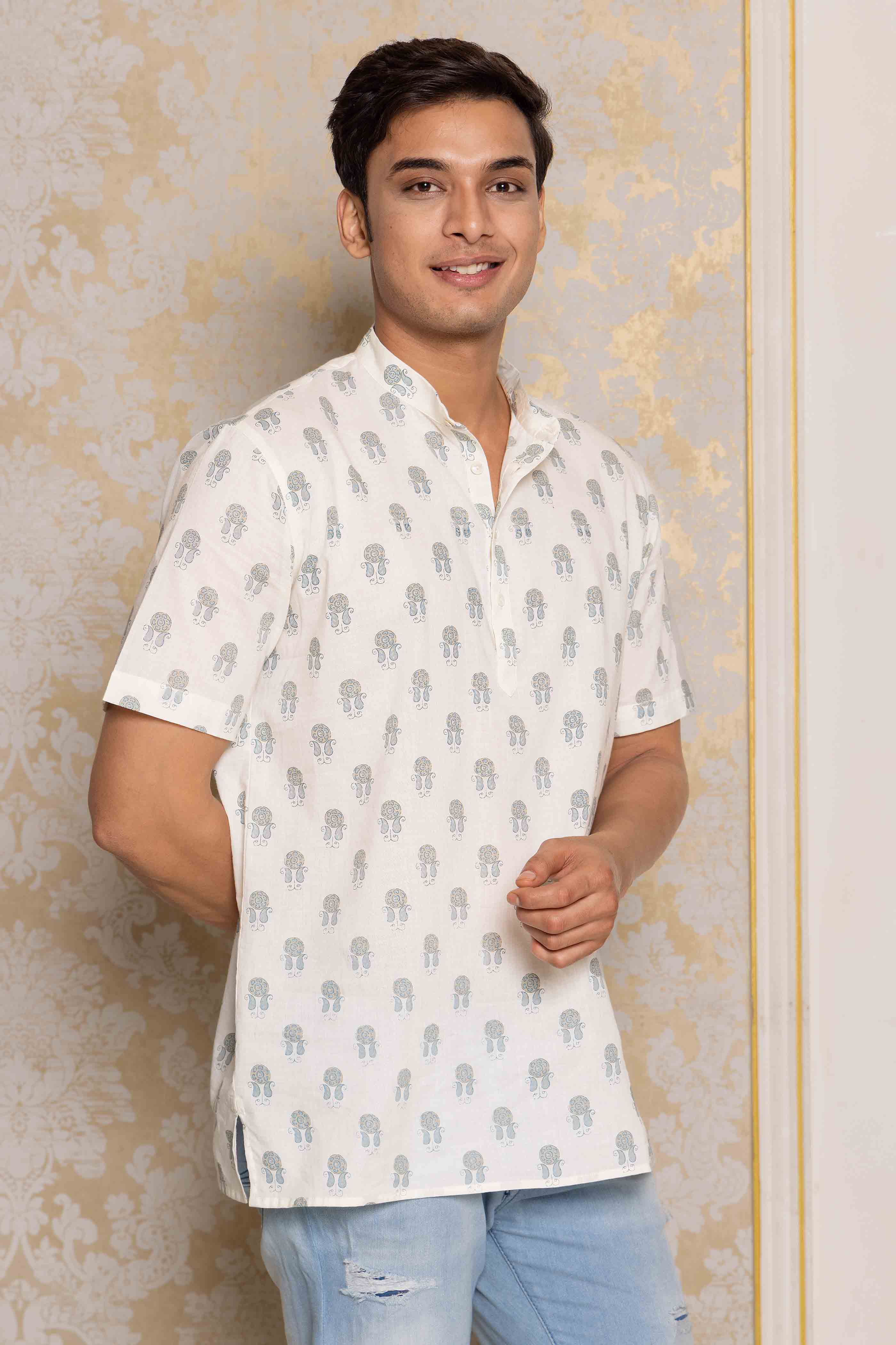 Cream Motif Block Printed Shirt Kurta